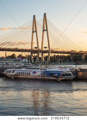 St. Petersburg Russia - September 5 2017: The Ship Hydrofoil At The Wharf Waiting To Pick Up Tourist