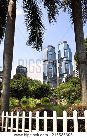 CENTRAL, HONG KONG - JULY 19, 2012 - Lippo Centre, Hong Kong, seen from Hong Kong Park