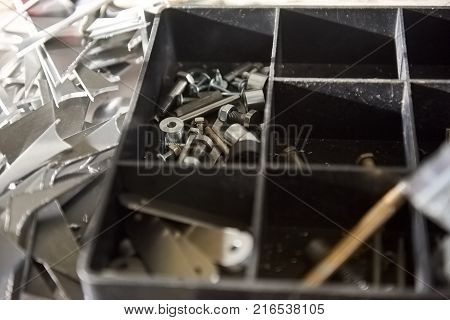 Container with divided sections. Organized bolts and screws.
