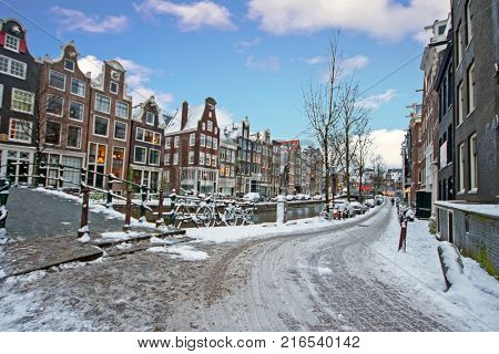 Snowy Amsterdam in the Netherlands in winter