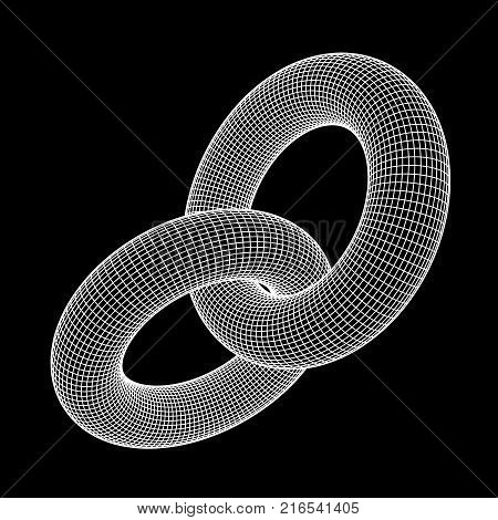 Wireframe polygonal element. 3D Torus chain with lines and dots abstract vector background