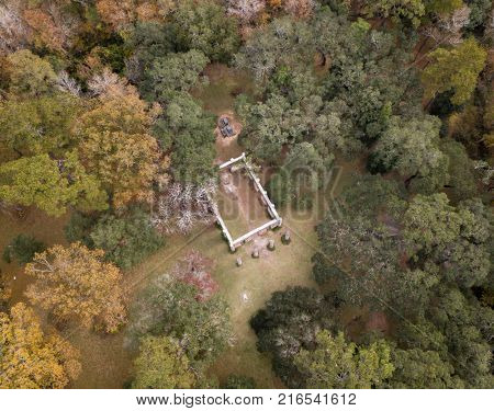 Aerial view of Old Sheldon Church ruin in South Carolina, USA. Sheldon church was built in the 1740s, then destroyed in both the Revolutionary and Civil wars.