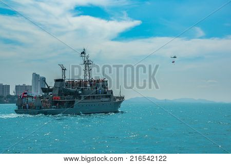 Pattaya Thailand - November 9 2017 Navy warship running on sea on the 50th anniversary ASEAN international fleet review 2017 drill in Pattaya Thailand