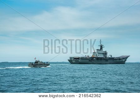 Pattaya Thailand - November 9 2017 Navy warship running on sea on the 50th anniversary ASEAN international fleet review 2017 drill in Pattaya Thailand