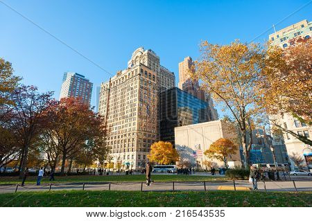 New York City, USA - Nov 12, 2011 : South Manhattan buildings view from Battery Park in autumn