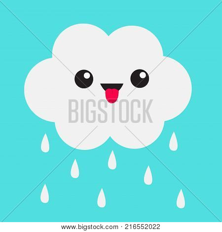 Cute cartoon kawaii cloud with rain drops. Showing tongue emotion. Eyes and mouth. Isolated. Blue sky background. Baby funny character emoji collection. Flat design. Vector illustration