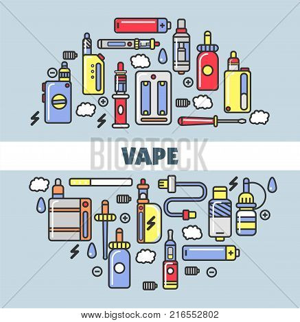Vape products promotional poster with modern devices for smoking that produce steam with flavor and aroma isolated cartoon flat vector illustrations inside circle with sign on blue background.