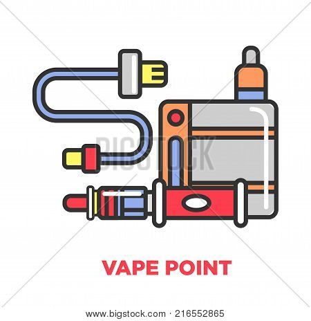 Vape point shop promotional poster with modern devices for smoking that produce steam with flavor. Compact electronic portable tools isolated cartoon flat vector illustration on white background.