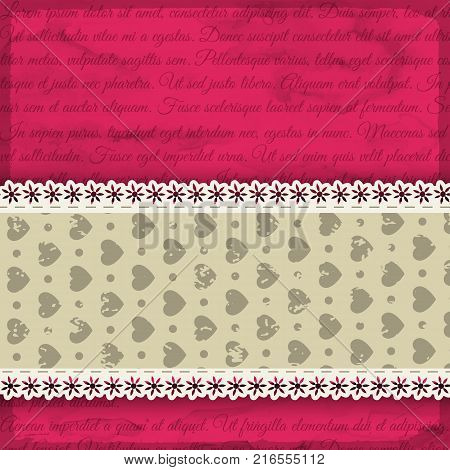 Pink heart seamless pattern with lines of text on pink background and light frill with rearts vector illustration