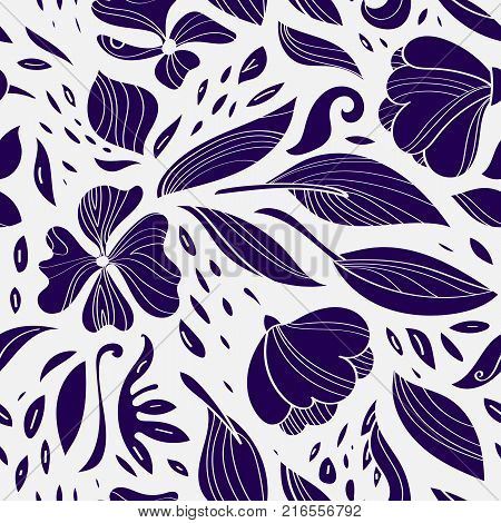 ector illustration. Linear floral seamless pattern. Hand draw plants.