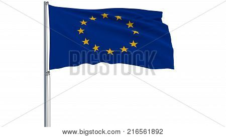 Isolate flag of the Europa on a flagpole fluttering in the wind on a white background 3d rendering