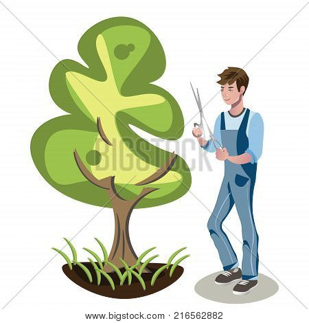 Gardener s man is cutting a bush. Vector illustration in a flat style