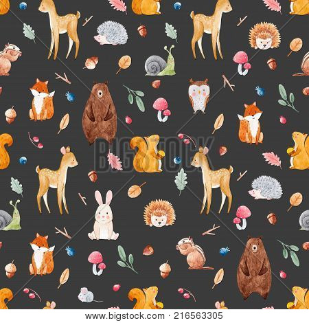 Beautiful seamless watercolor baby pattern with nice animals