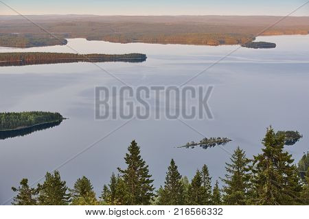 Finnish landscape at sunset. Lake Pielinien. Koli viewpoint. Finland scenic