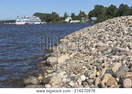 Goritsy, District of Kirillov, Vologda region, Russia - August 10, 2015: Strengthening the shore of the river Sheksna near Goritsky Voskresensky Monastery in Vologda region