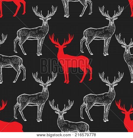 Deer. Seamless pattern with drawing animals and silhouettes. Hand graphic of wildlife. Vector illustration art. Red black white. Old engraving. Vintage. Design for fabrics paper textiles fashion
