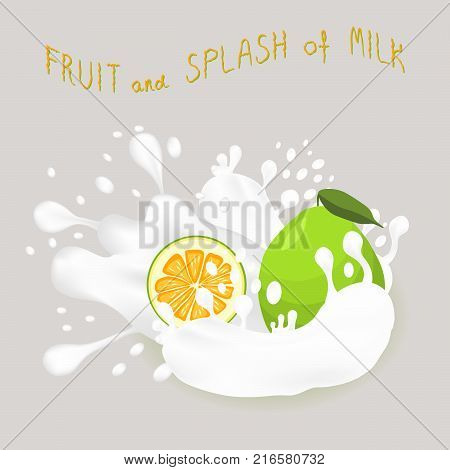 Abstract vector icon illustration logo for ripe citrus fruit green pomelo splash of drop white milk. Pomelo pattern consisting of splashes drip flow liquid Milk. Eat citruses fruits pomelos in milks.