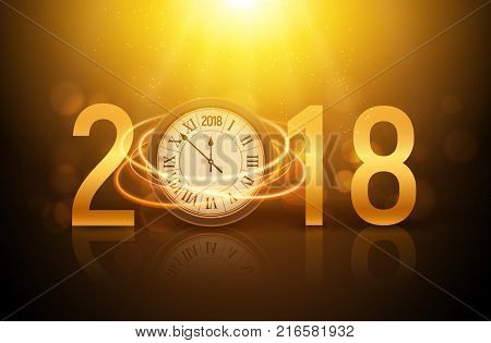 2018 new year shining background with clock. Happy new year 2018 celebration decoration poster, festive card template.