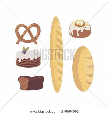 Fresh baked goods set for bakery store, cafe menu, pastry shop or market. Loaf of white wheat bread, brick-bread with seeds, cake, french baguette, pretzel. Cartoon flat food. Vector isolated on white