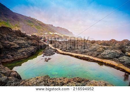 Beautiful landscape with traditional swimming pools in Garachico town of Tenerife Canary island Spain
