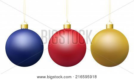 Set of vector realistic shiny colorful hanging christmas baubles isolated on white background