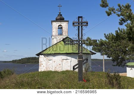 Worship cross near Vvedensky church in the village of Goritsy Vologda region, Russia