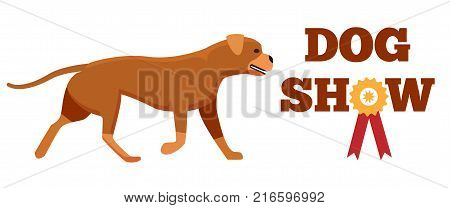 Dog show award with ribbon and canine animal design veterinary clinic logo label with cute breed, petshop advertisement poster isolated on white