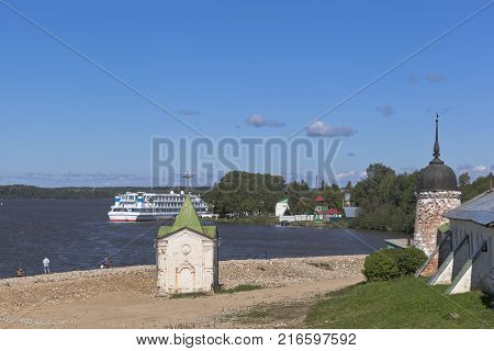 Goritsy, District of Kirillov, Vologda region, Russia - August 10, 2015: Chapel of St. John the Baptist on the banks of the Sheksna River, near Voskresensky Goritsky Monastery Vologda region