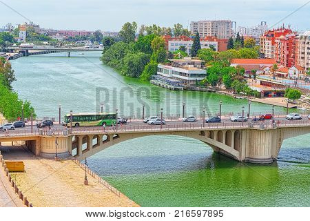 View Of The City Of Seville From The Observation Platform Tower Of Gold - Saint Telmo Bridge. Spain.