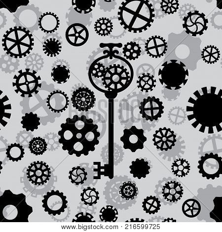 seamless pattern with black and white gears and key on a light gray background