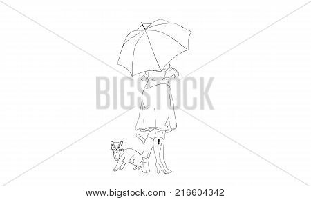 The girl and cat have hidden from a rain under a umbrella.