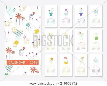 Calendar 2018.Calendar with succulents and cactus plants.