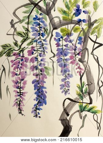 Tender flowering wisteria painted in Chinese style