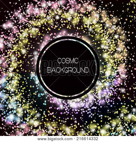 Vector fantasy cosmic galaxy background. Space nebula and cosmos stars outer space background with milky way style spiral galaxy. Starry colorful sky