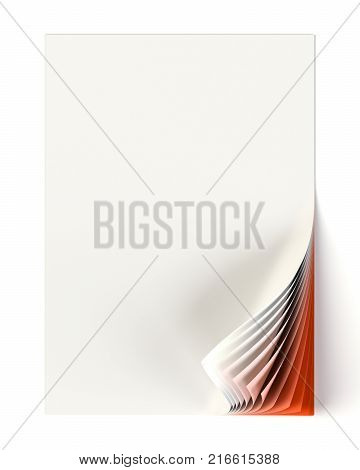 Blank document mock up with red monochrome curled corner. Graphic design element. Business corporate identity, advertisement, web page, poster with turning corner, colors and shadow. 3D illustration