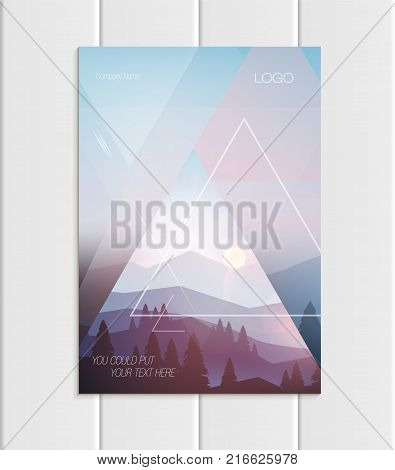 Stock vector brochure A4 or A5 format design business template with abstract triangles and mountain landscape at sunset, dawn background for ecology printed material, element corporate style cover