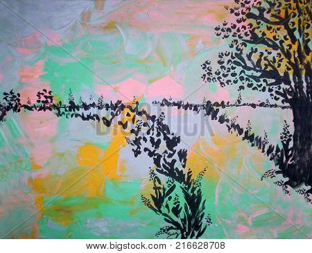 Acrylic painting on canvas of tree and road silhouette on an abstract background