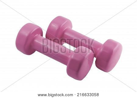 pair of light pink dumbbells for fitness isolated