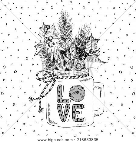 A graphic illustration of a Christmas mug with fir branches. Festive mood. New Year. Sprigs of mistletoe. Christmas Present