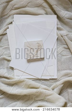 A view with a winter motive. White paper, stamp of wild flowers
