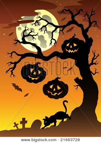Cena com árvore de Halloween 2 - ilustração do vetor.