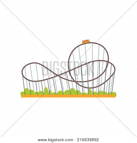 Rollercoaster track with train. Extreme ride attraction. Family amusement park concept. Cartoon vector illustration isolated on white. Colorful graphic flat design icon for poster, banner or flyer.