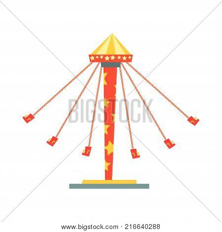 Swinging carousel with seats on chains. Entertainment and family recreation concept. Amusement park or funfair element. Colorful flat vector illustration isolated on white. Design for invitation card.