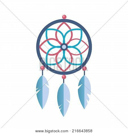 Ancient magic symbol of the tribe, spiritual amulet with patterns and feathers. Sacred folk Indian ancient sleep protection. Magic totem, amulet. Vector flat illustration.
