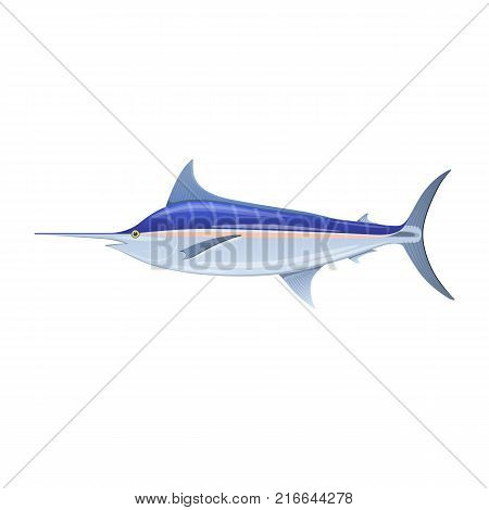 Sailfish blue marlin, swordfish with long thin nose. Colorful sea fish, swimming on blue deep sea bottom. Eating, delicious menu, market fish, market, shop, fishery industry. Vector flat illustration.