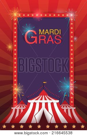 Carnival And Fun Fair Flyer Template. Vector Logo With A Painted Tent And Fireworks.