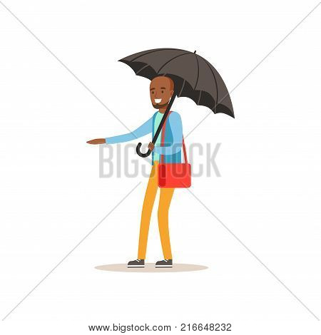 African american man standing with open black umbrella catching a car, flat vector illustration isolated on a white background