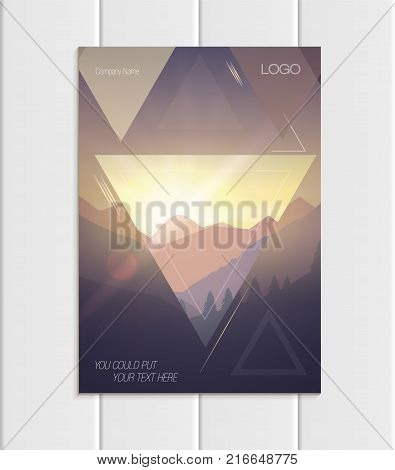 Stock vector brochure A4 or A5 format design business template with abstract triangles and mountain landscape at sunset, dawn background for ecology printed material, element corporate style cover
