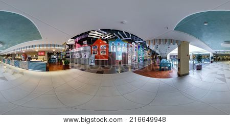 MINSK BELARUS - JUNE 23 2015: Inside of the interior of luxury stylish of trade center near the cinema. Full 360 degree seamless panorama in equirectangular spherical projection