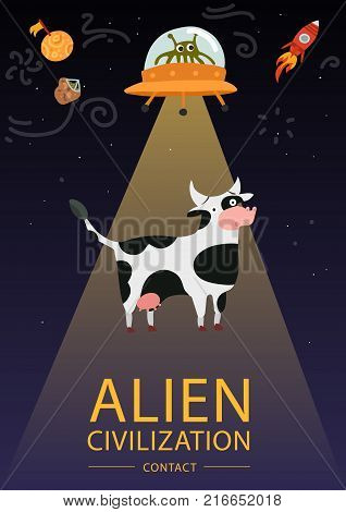Flat design funny poster with alien flying saucer and cow vector illustration